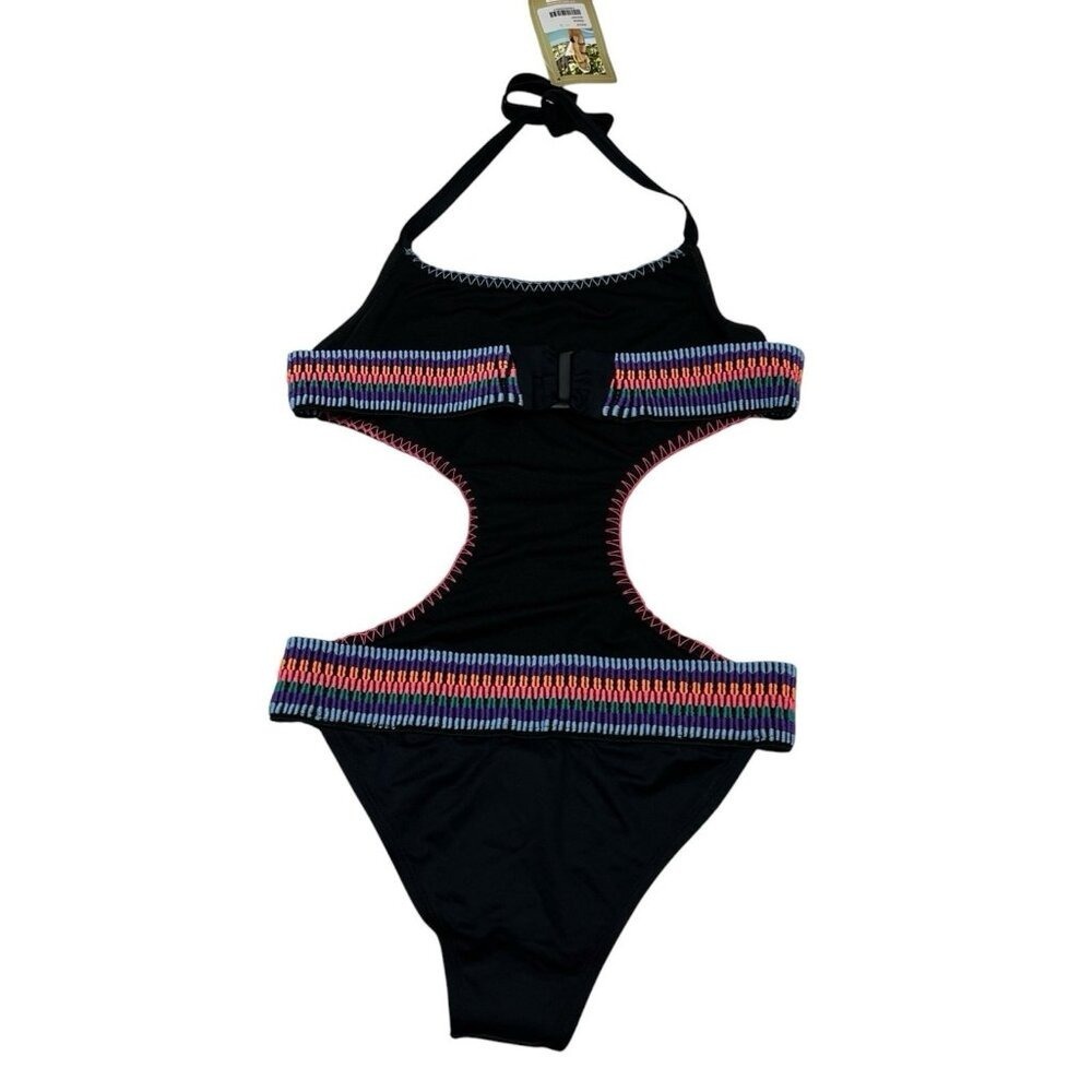 Mapale Swimsuit Monokini‎ Black Rainbow Striped Bands Cutout Size L Resort Beach